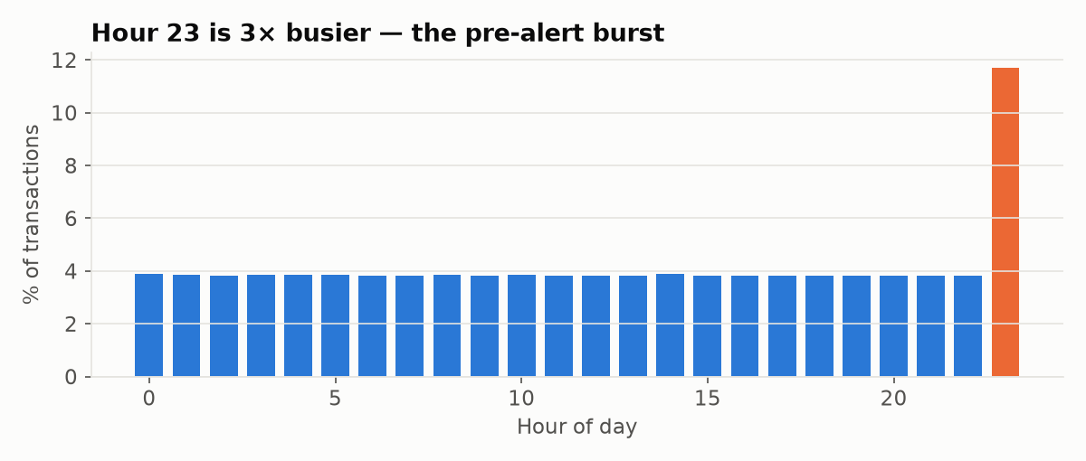 Bar chart of transactions by hour; hour 23 is about three times higher than the rest